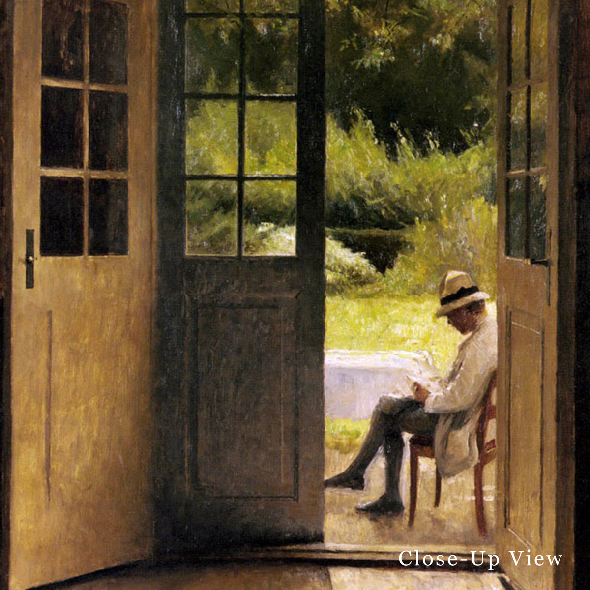 Man sitting by a door opening to a garden, with 'Close-Up View' text.
