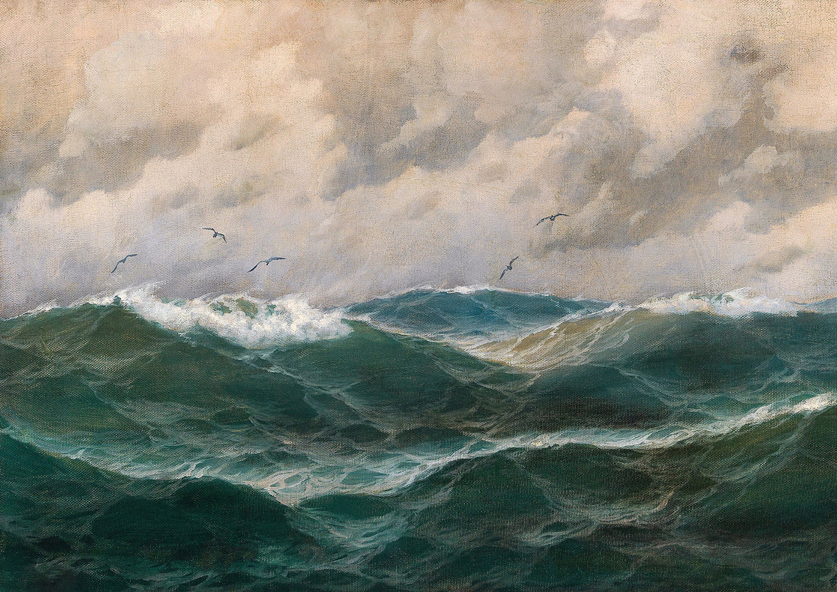 A fine art print of a marine landscape with seagulls flying over choppy waves, capturing the beauty and power of the sea.
