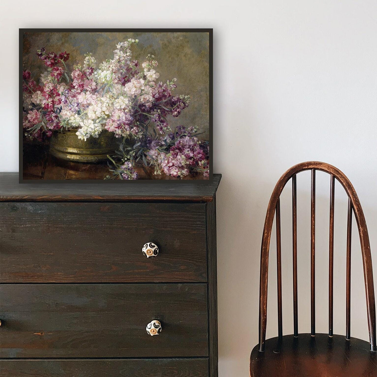 Pink Floral Fine Art Print: Restored Antique Oil Painting