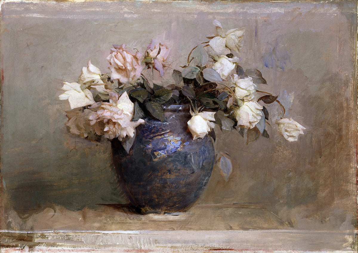 A fine art print of a blue vase with roses on a wooden floor.