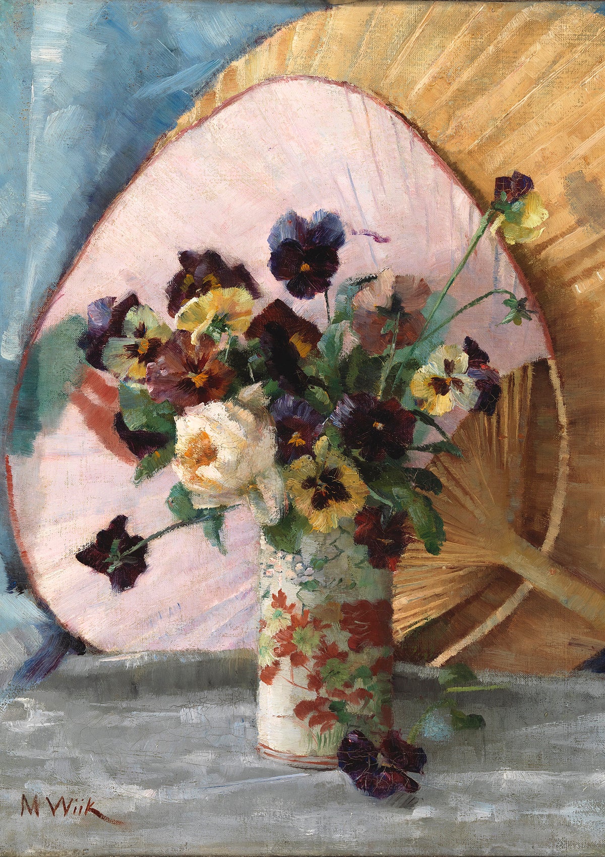 Giclee print of pansies in a vase in front of some paper fans
