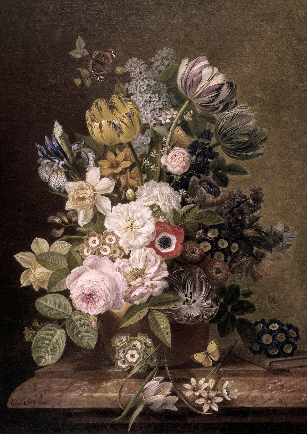Fine art print of a still life painting of flowers.
