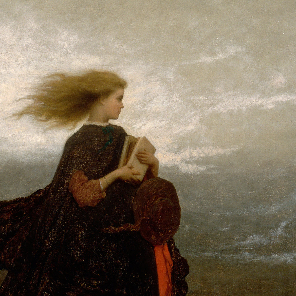 A close-up view of the fine art print shows the detail of the young girl's hair flowing in the wind, with her velvet coat and books in her arms.