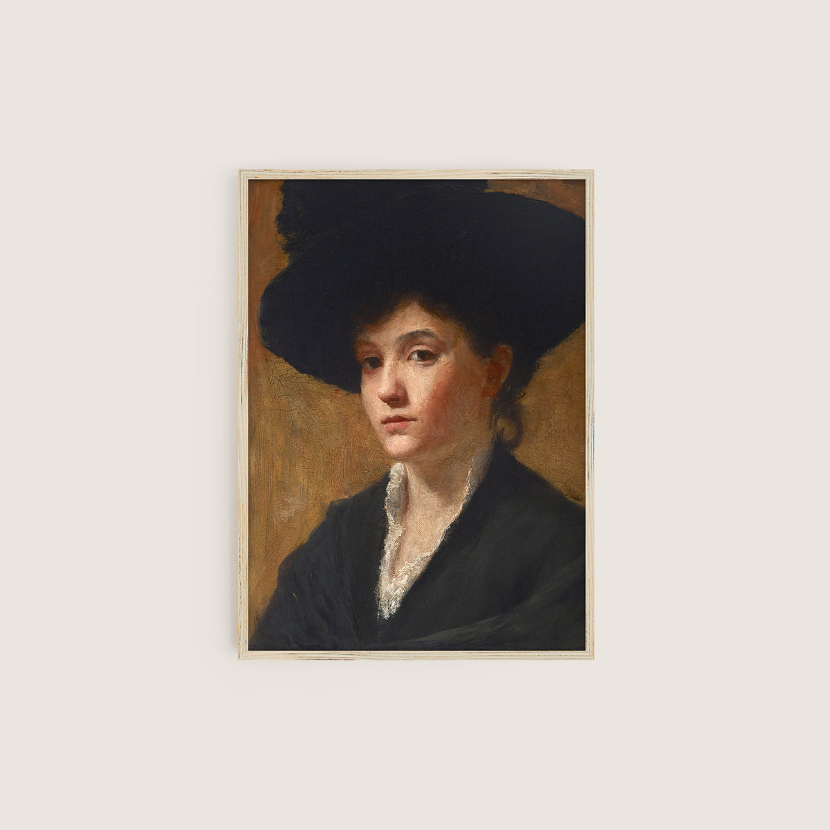 Portrait of a woman wearing a black hat and dark clothing, hung on a beige background.