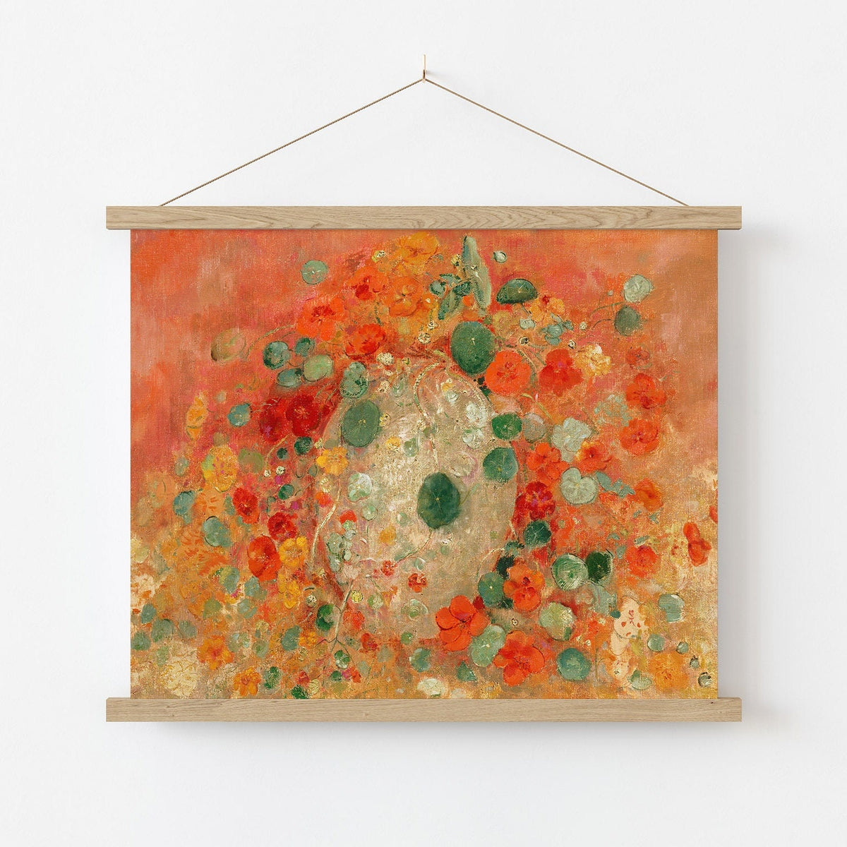 A fine art print of Odilon Redon's oil painting, Nasturtiums, from 1905. The print is displayed hung in a light wood picture hanger, on a white wall.