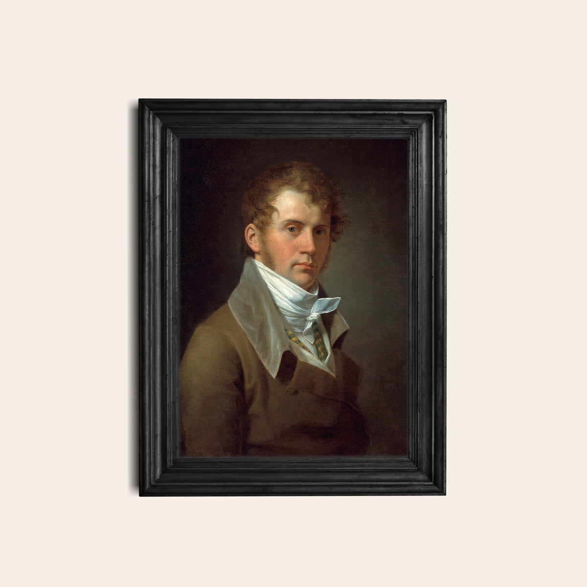 Framed portrait of a man with a white cravat on a dark background