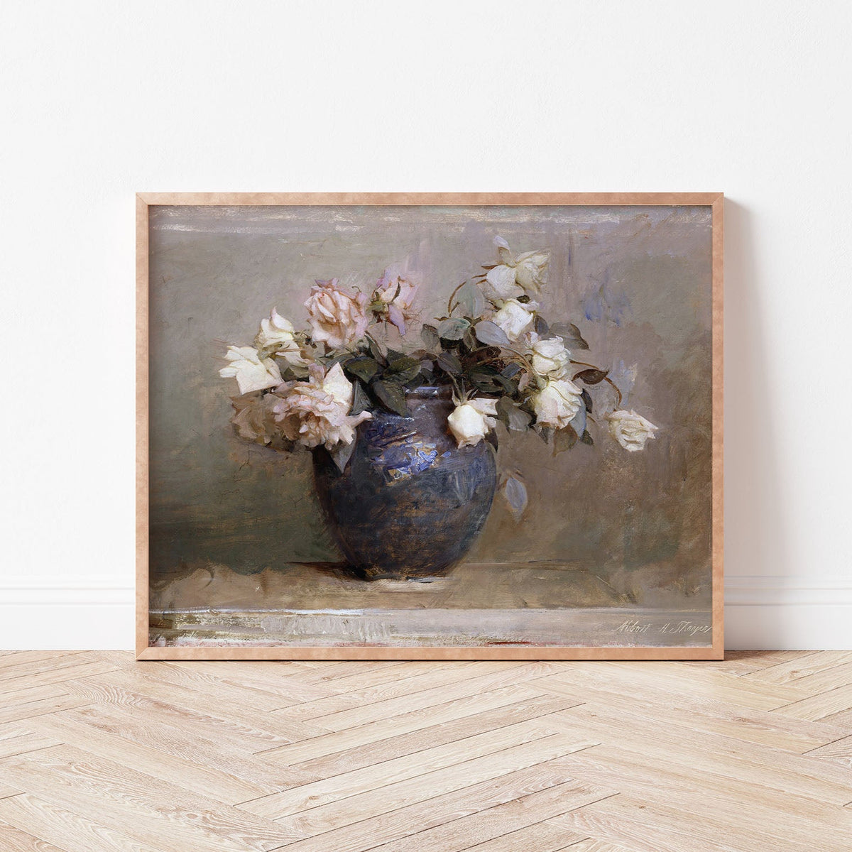 Framed fine art print of a vase with roses on a wooden floor.