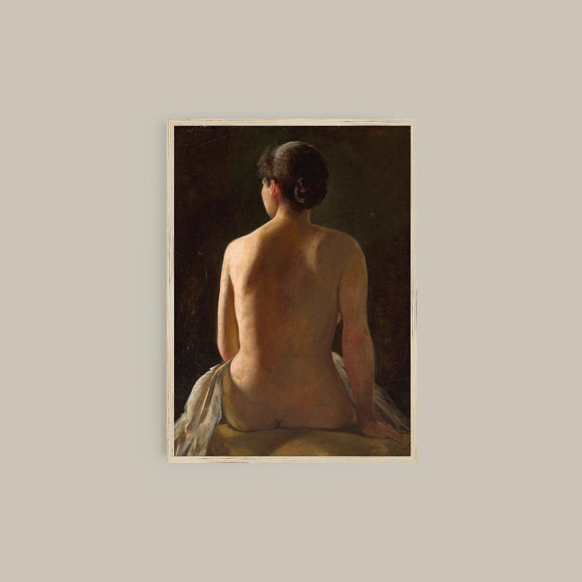Framed print of a nude figure sitting with a wooden frame.