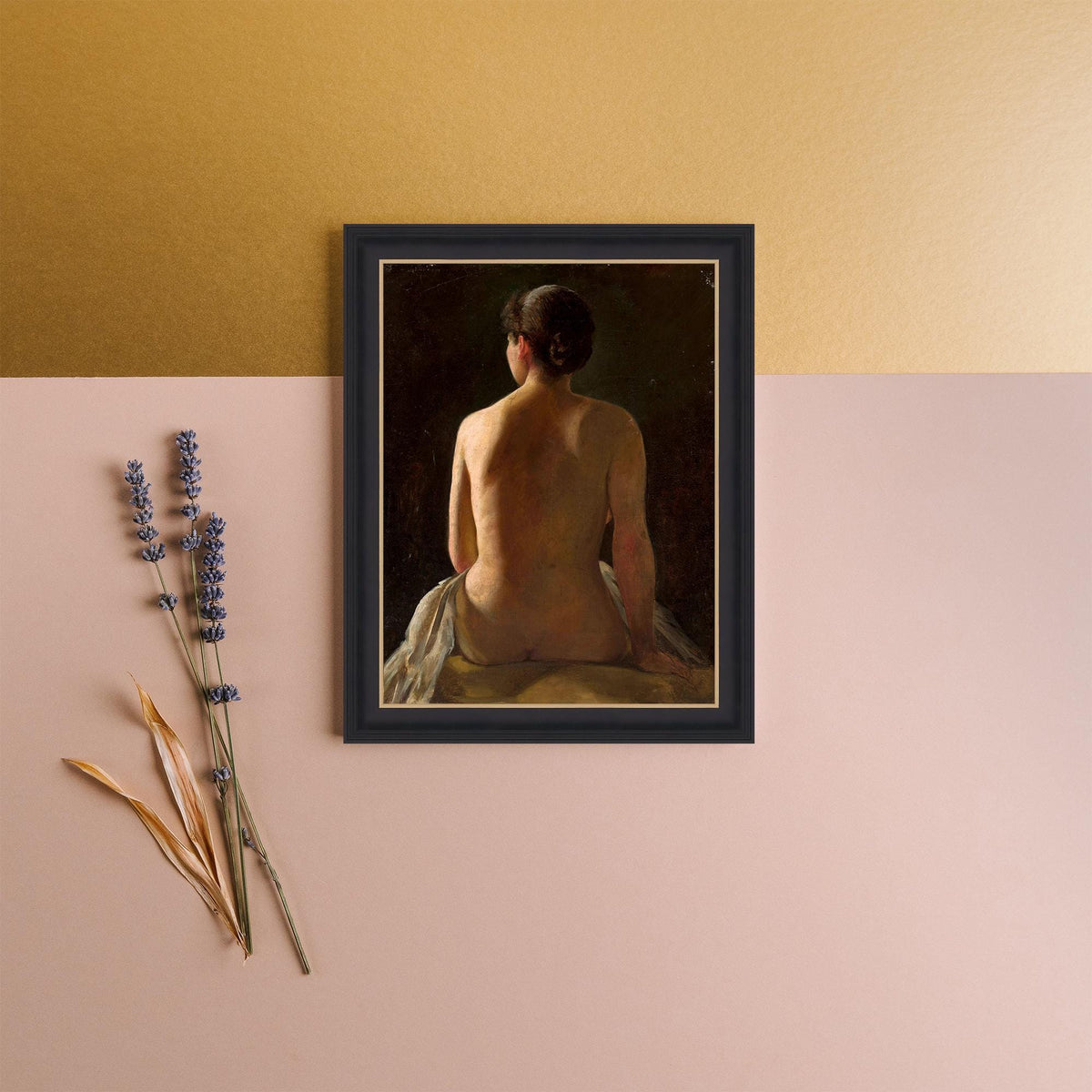 Framed artwork of a nude figure on a gold and pink background with lavender