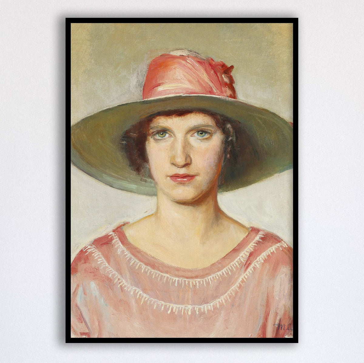 A fine art print of an Art Deco oil painting of a portrait of a lady. The print is displayed hanging on the wall in a black picture frame.