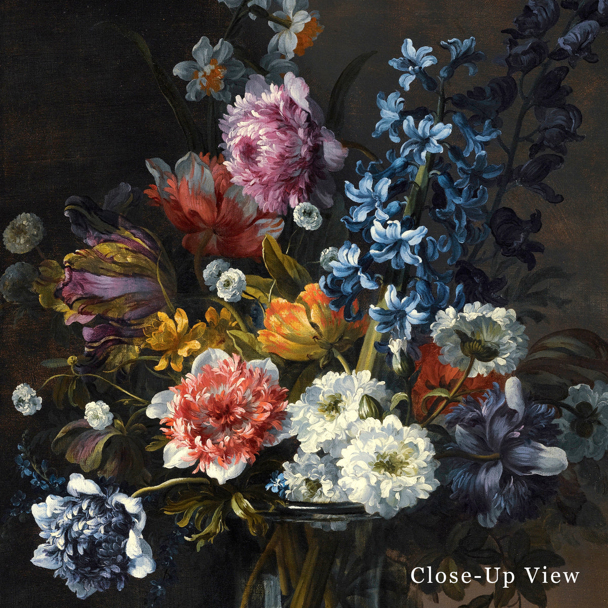 Close-up of a still life painting of flowers in a glass vase with a dark background