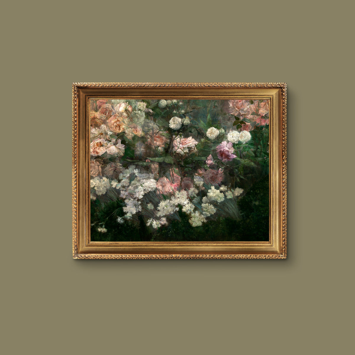 A framed art print of a rose garden in full bloom, hanging in a gold frame on a green wall.