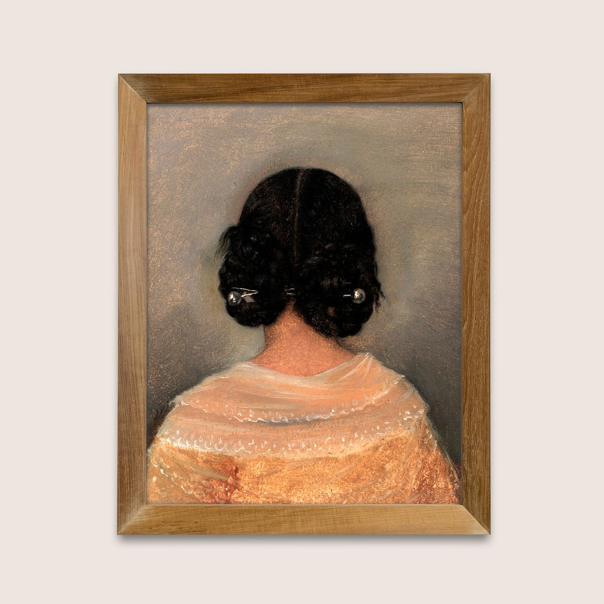 Framed painting of a lady from behind with dark hair, wearing a top with lace trim, on a light brown background.