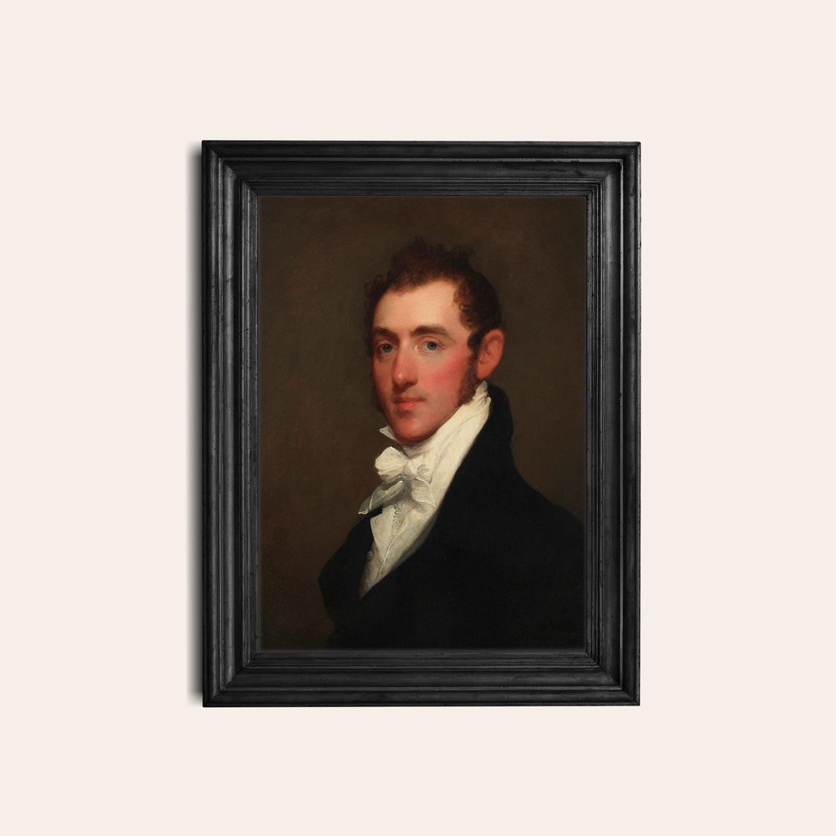 A fine art print of a Regency-era gentleman. The print is displayed hanging on the wall in a black wooden picture frame.