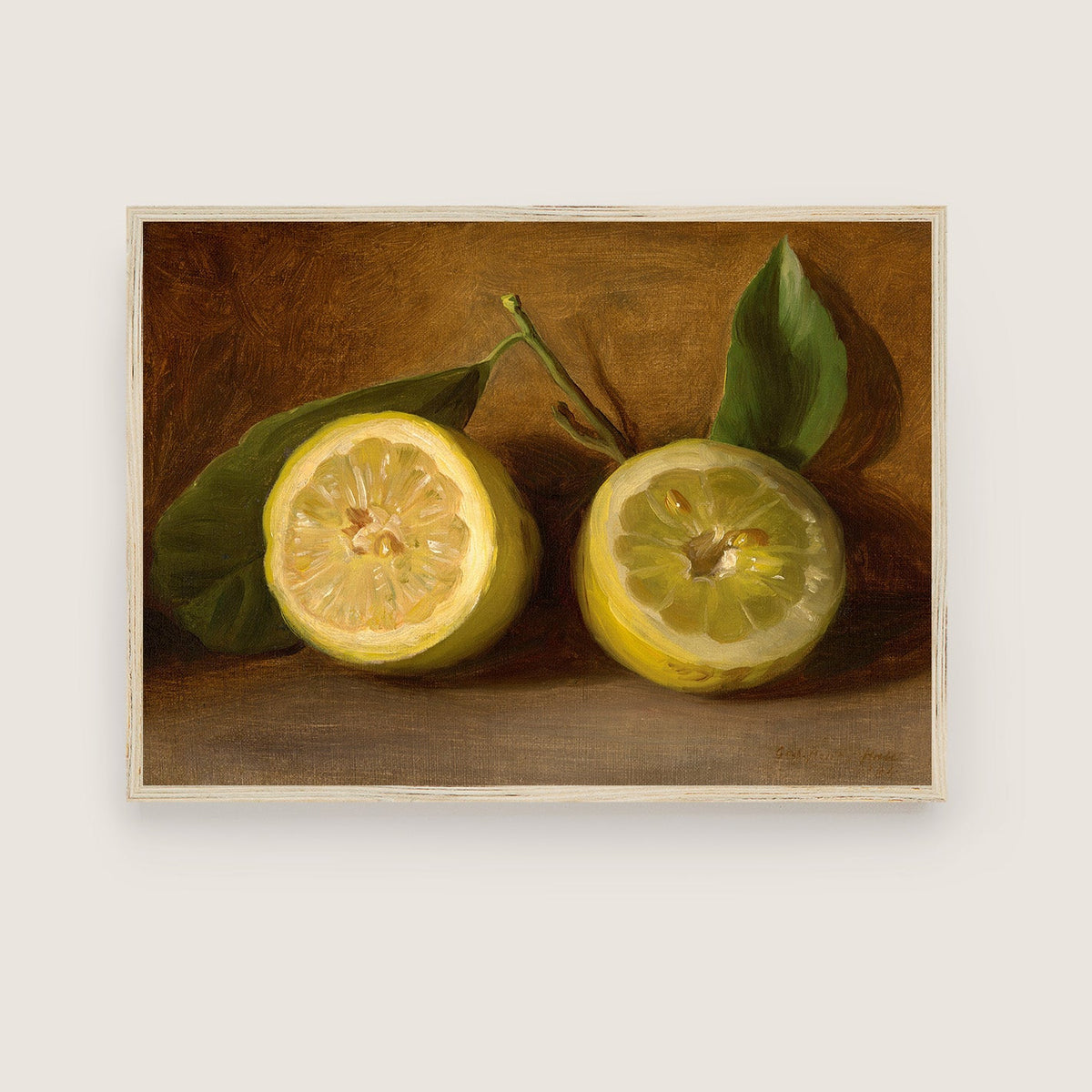 A fine art print of a 19th-century oil still-life painting of a halved lemon. The print is displayed in a wooden picture frame.