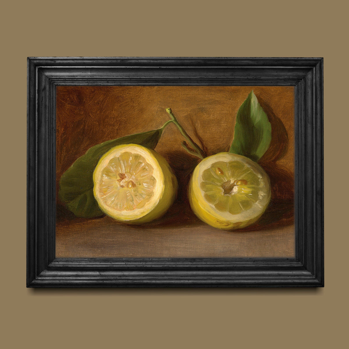 A fine art print of a 19th-century oil still-life painting of a halved lemon. The print is displayed hanging on the wall in a black wooden picture frame.