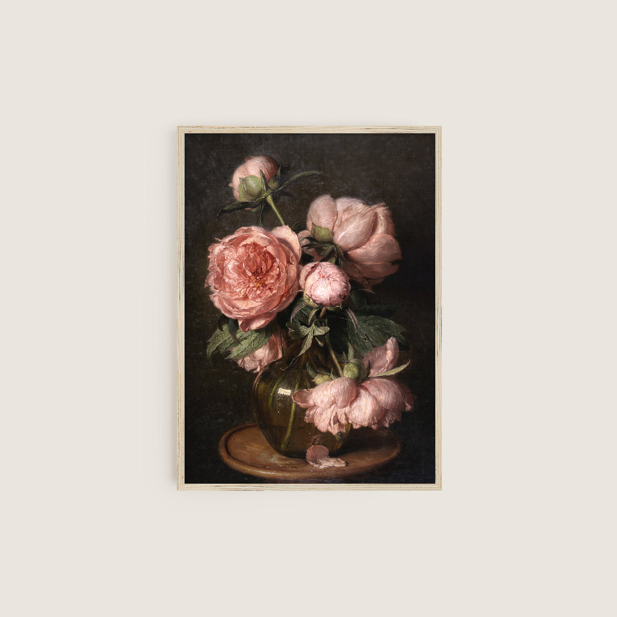 Framed artwork of pink peonies in a vase on a dark background