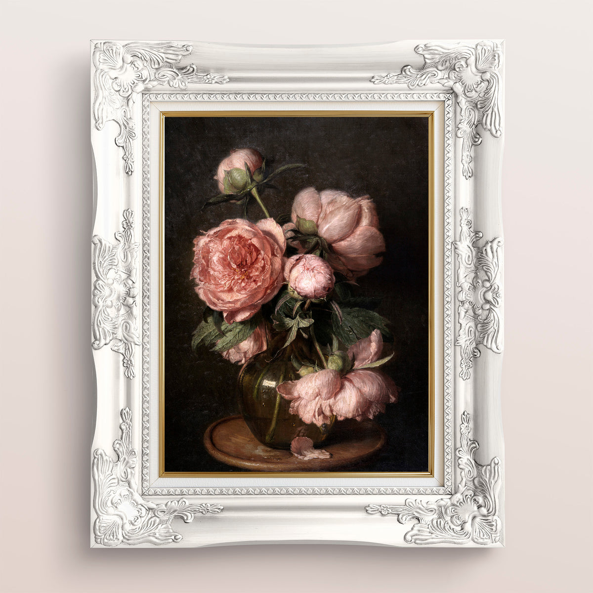 Framed artwork of pink peonies on a dark background