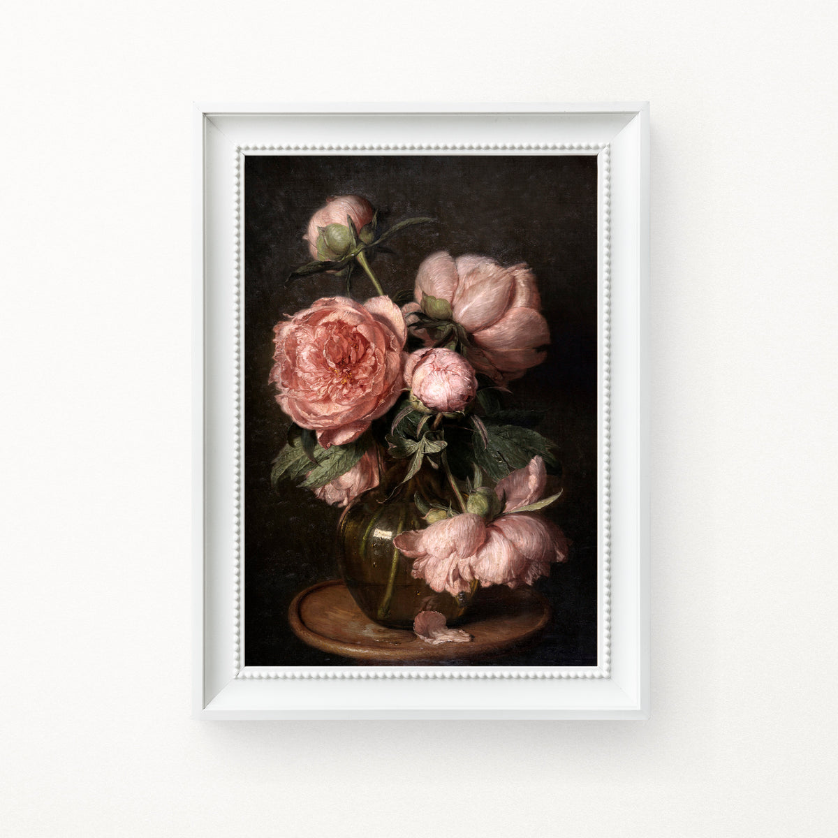 Framed artwork of pink peonies on a dark background