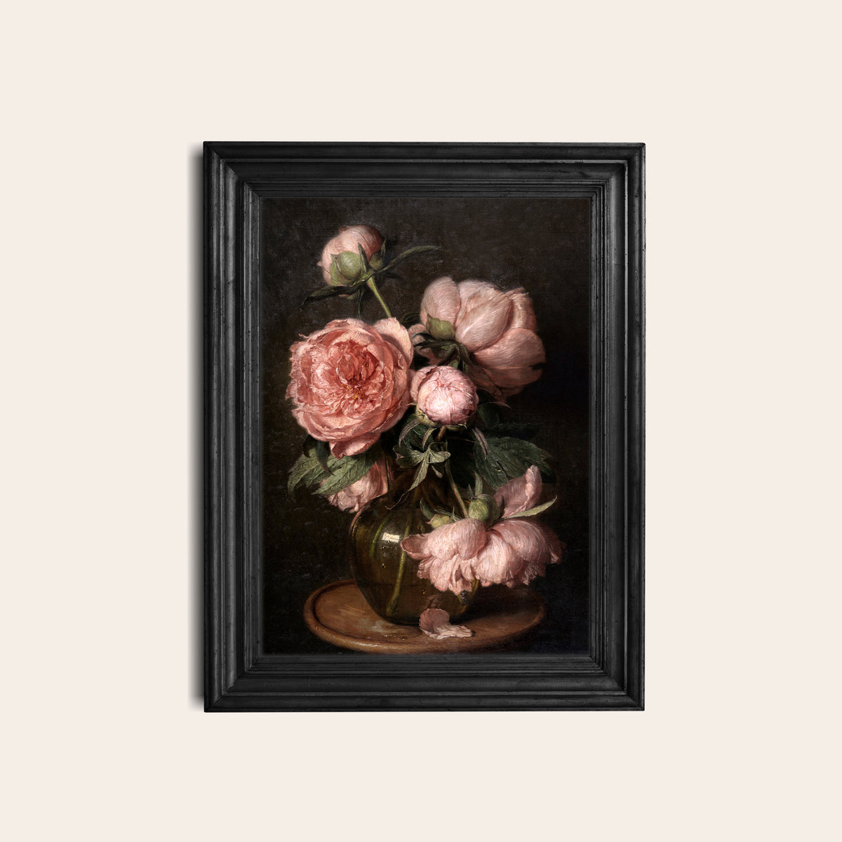 Framed artwork of pink peonies on a dark background