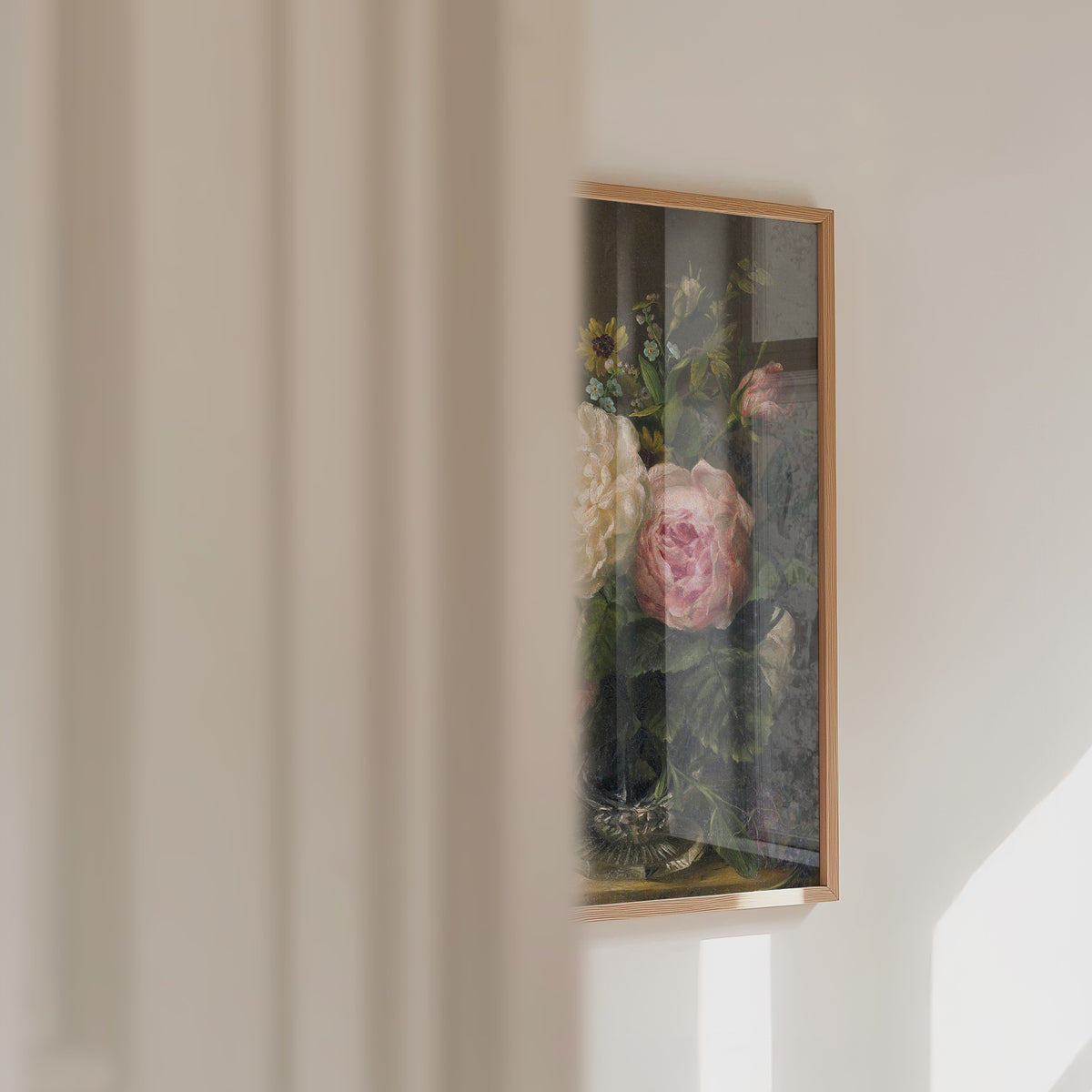 A video of a framed floral print panning across.