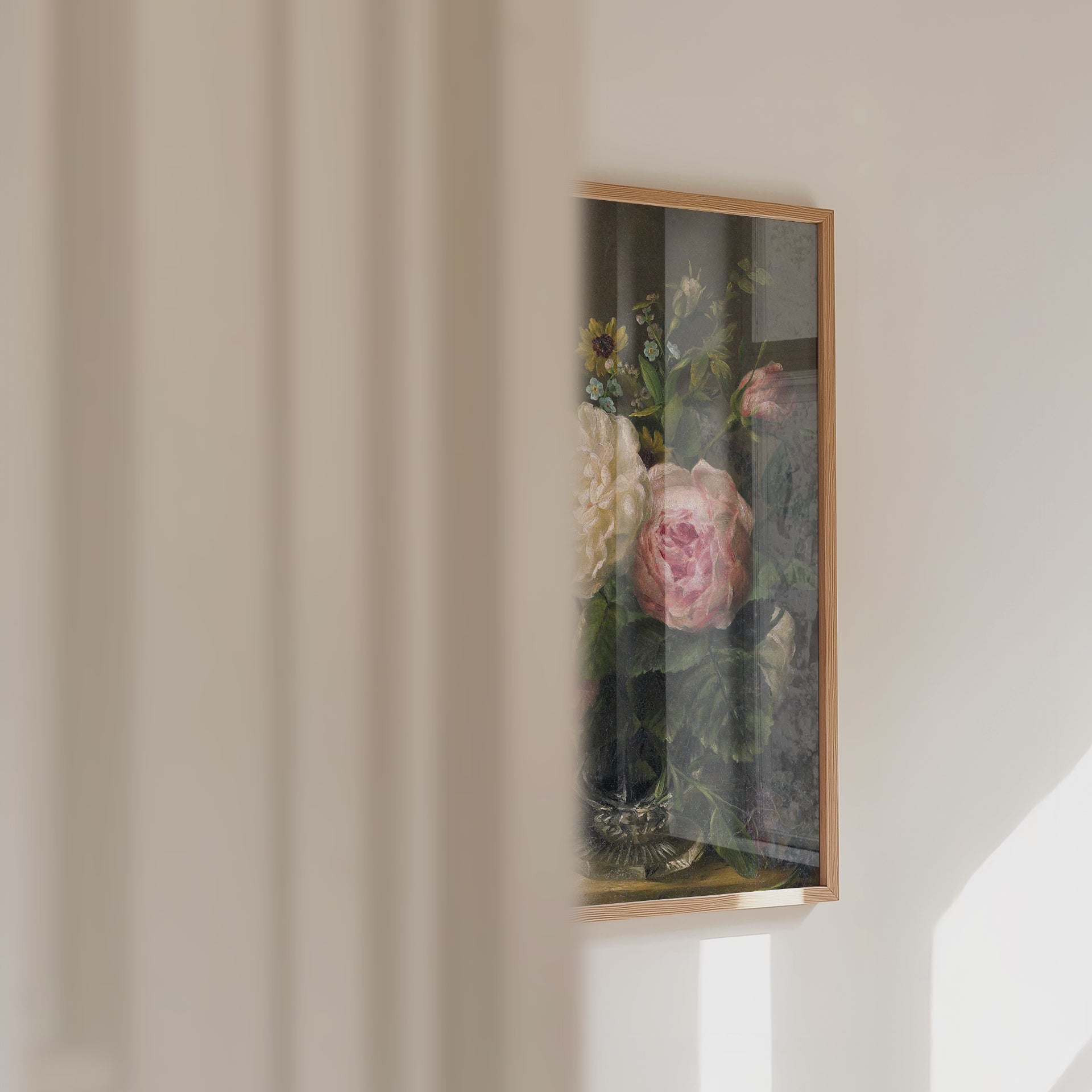 A video of a framed floral print panning across.