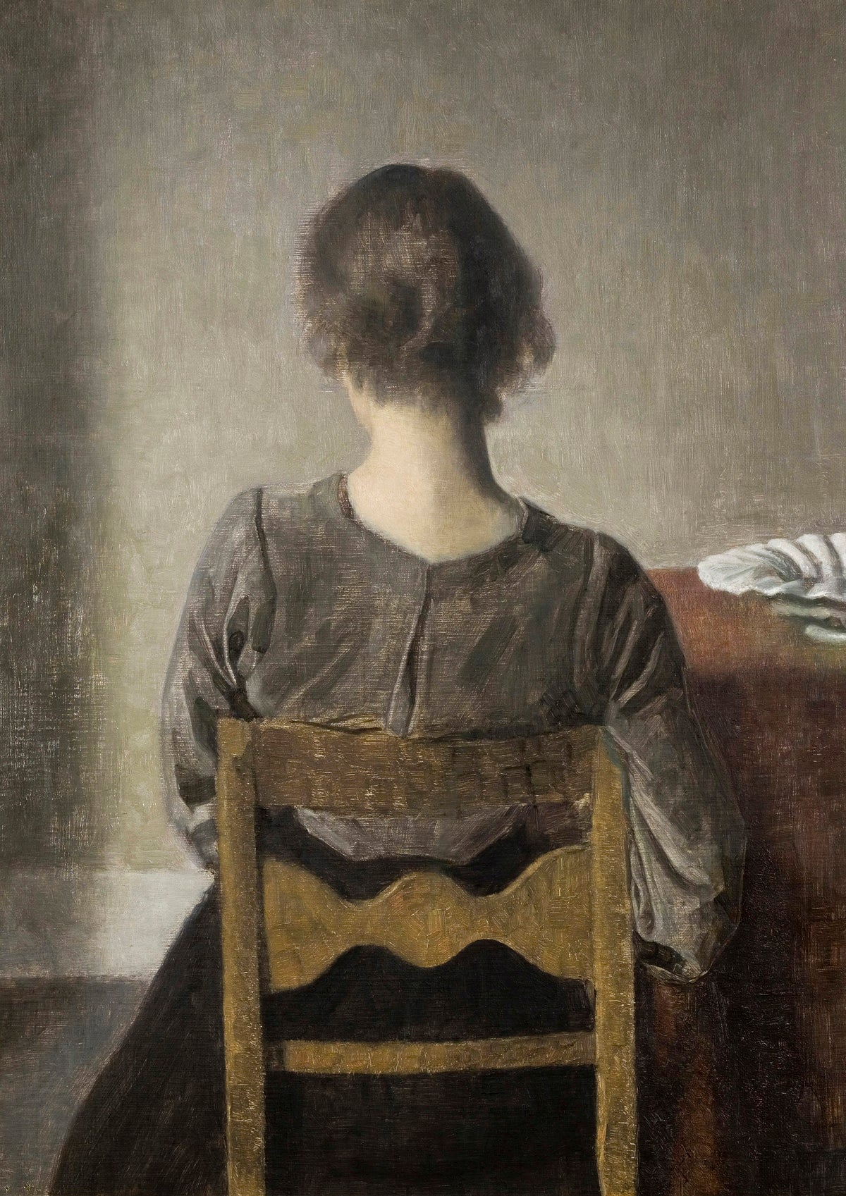 Artistic depiction of a woman sitting on a chair with a neutral background