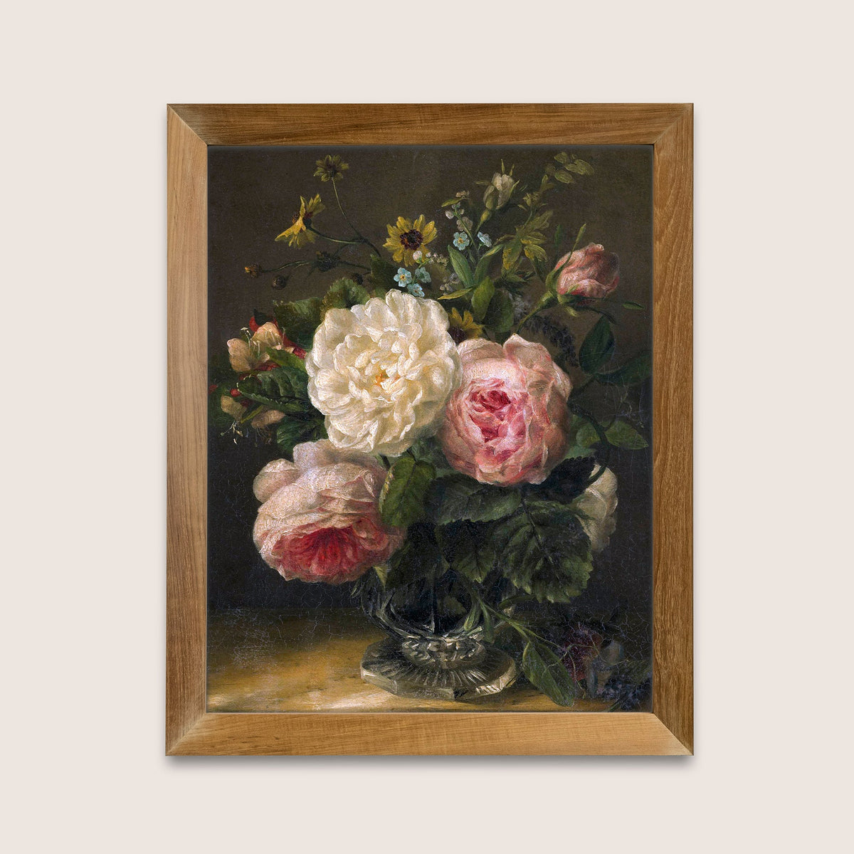 Print of flowers in a glass vase in a wooden frame on a light background