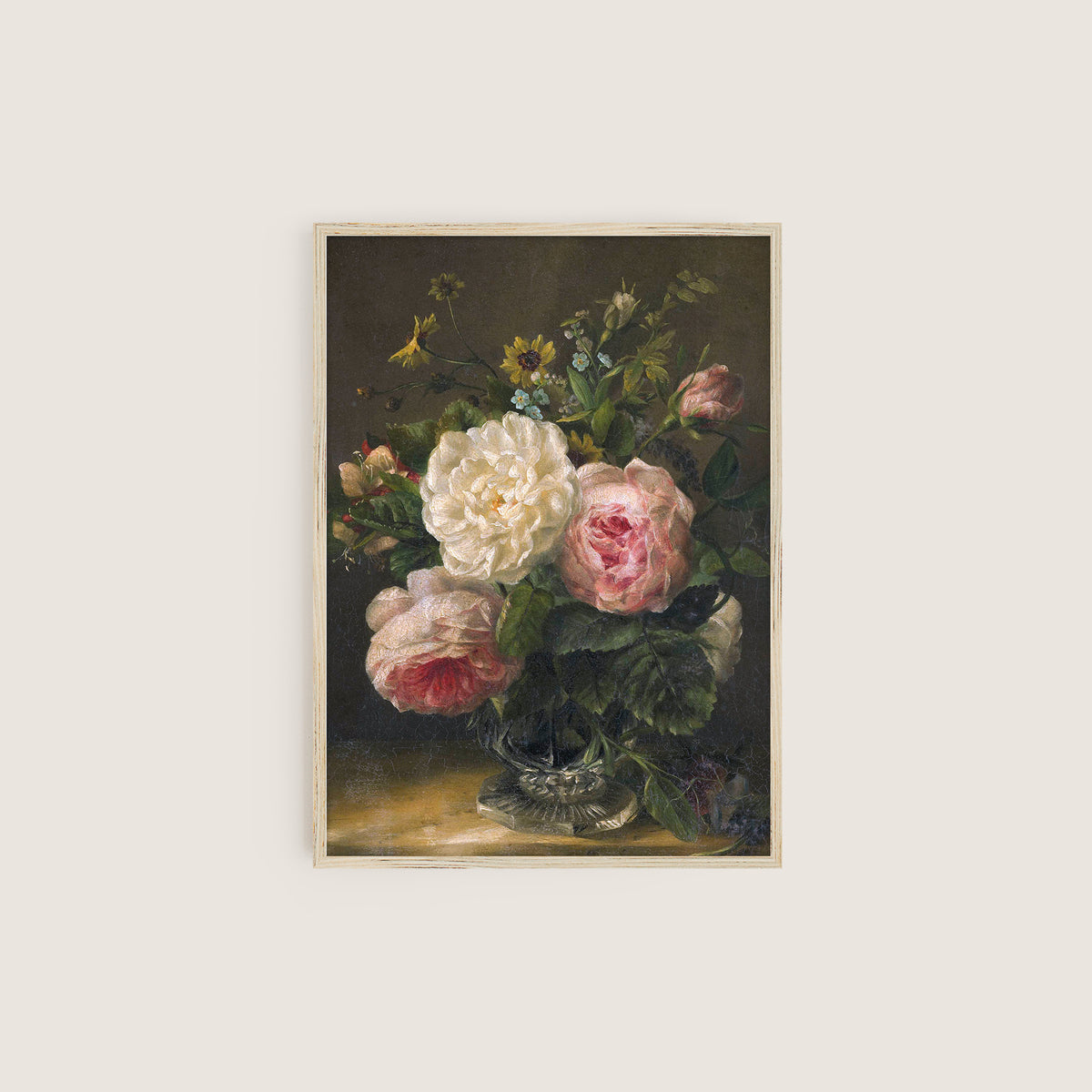 Framed artwork of a still life with flowers and a glass vase on a light background
