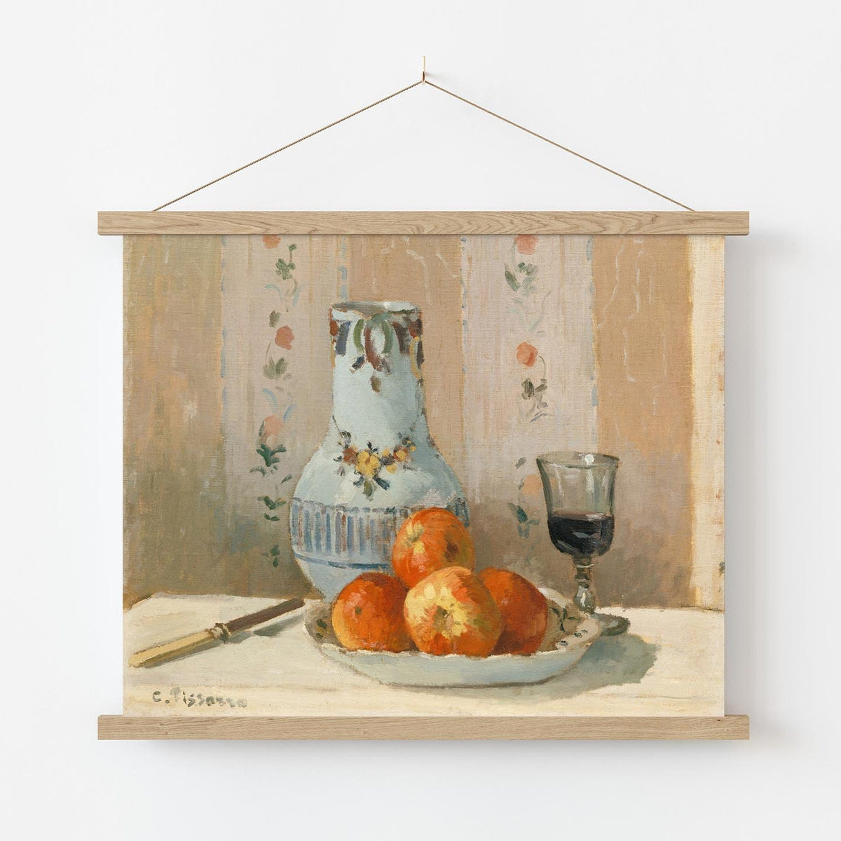 A fine art print of a still-life oil painting. The print is displayed in a wooden poster hanger.