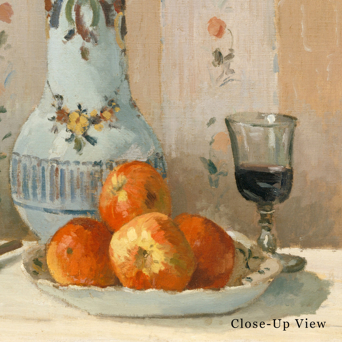 A close-up view of a still life print with oranges, a vase, and a glass on a table.
