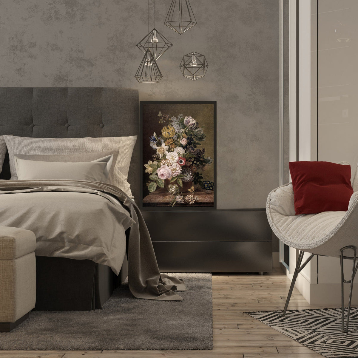 Modern bedroom with a bed, chair, and framed still life print of flowers.