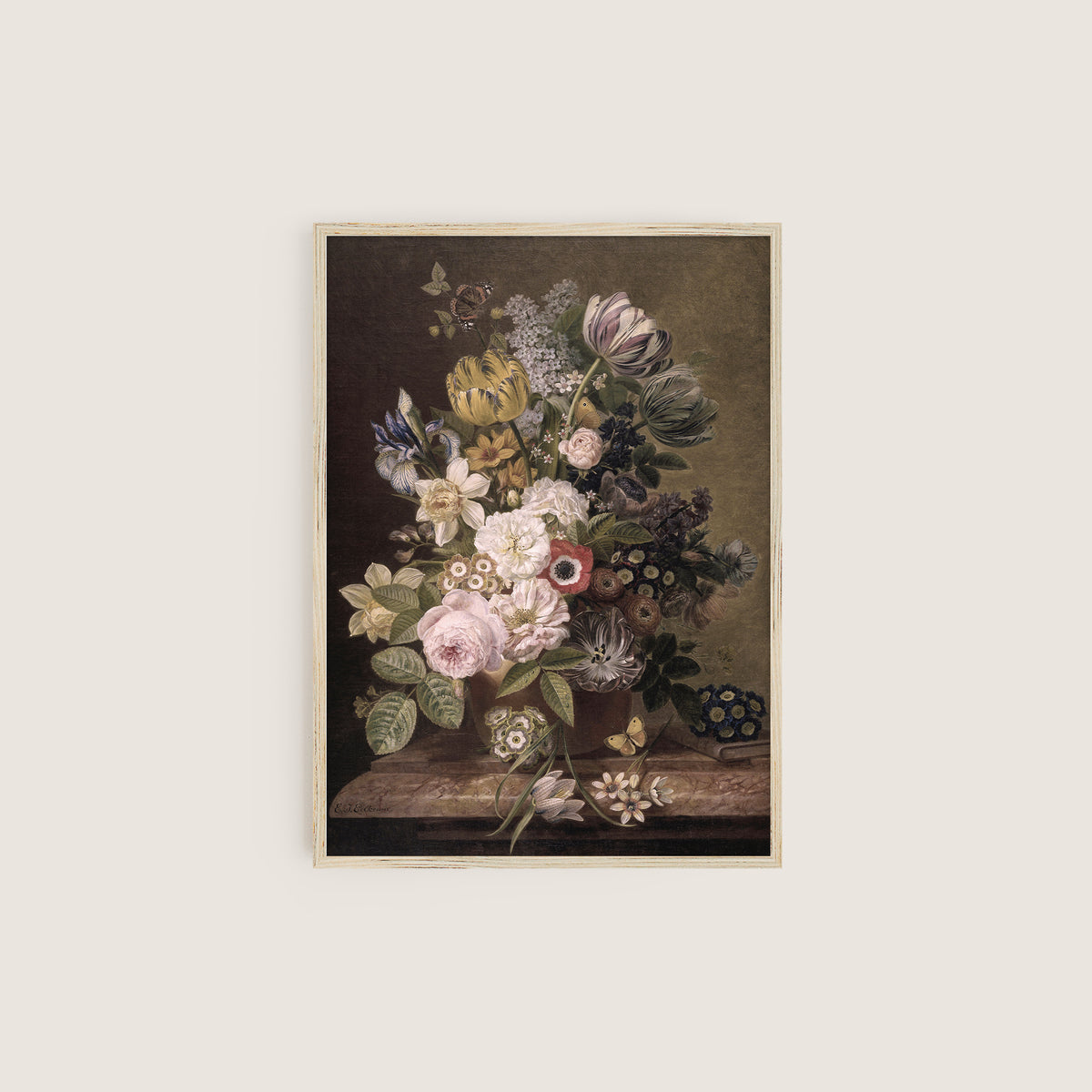 Framed print of a still life with flowers against a white background