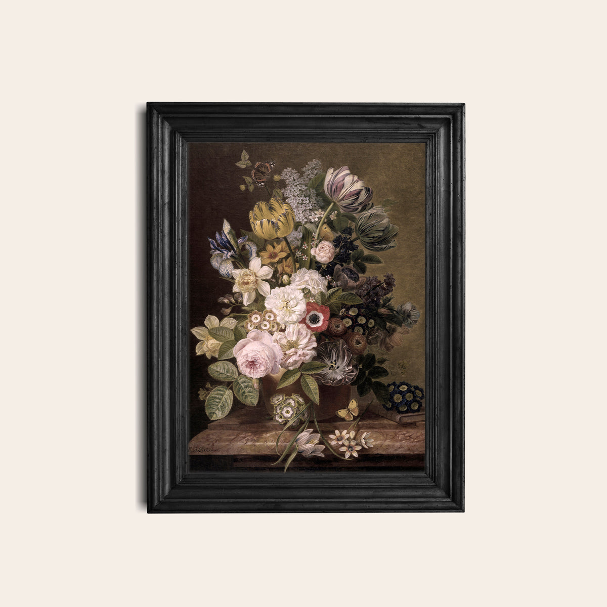 Framed artwork of a still life with flowers on a white background