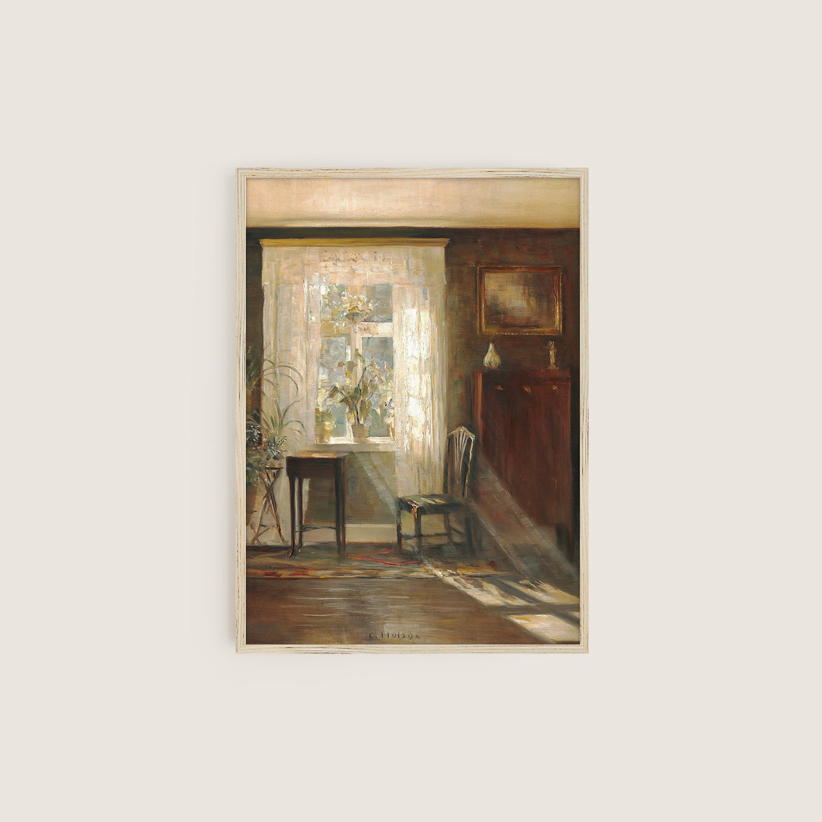 Framed print of an interior scene with a table, chair, and window in a light wood frame on a white wall.