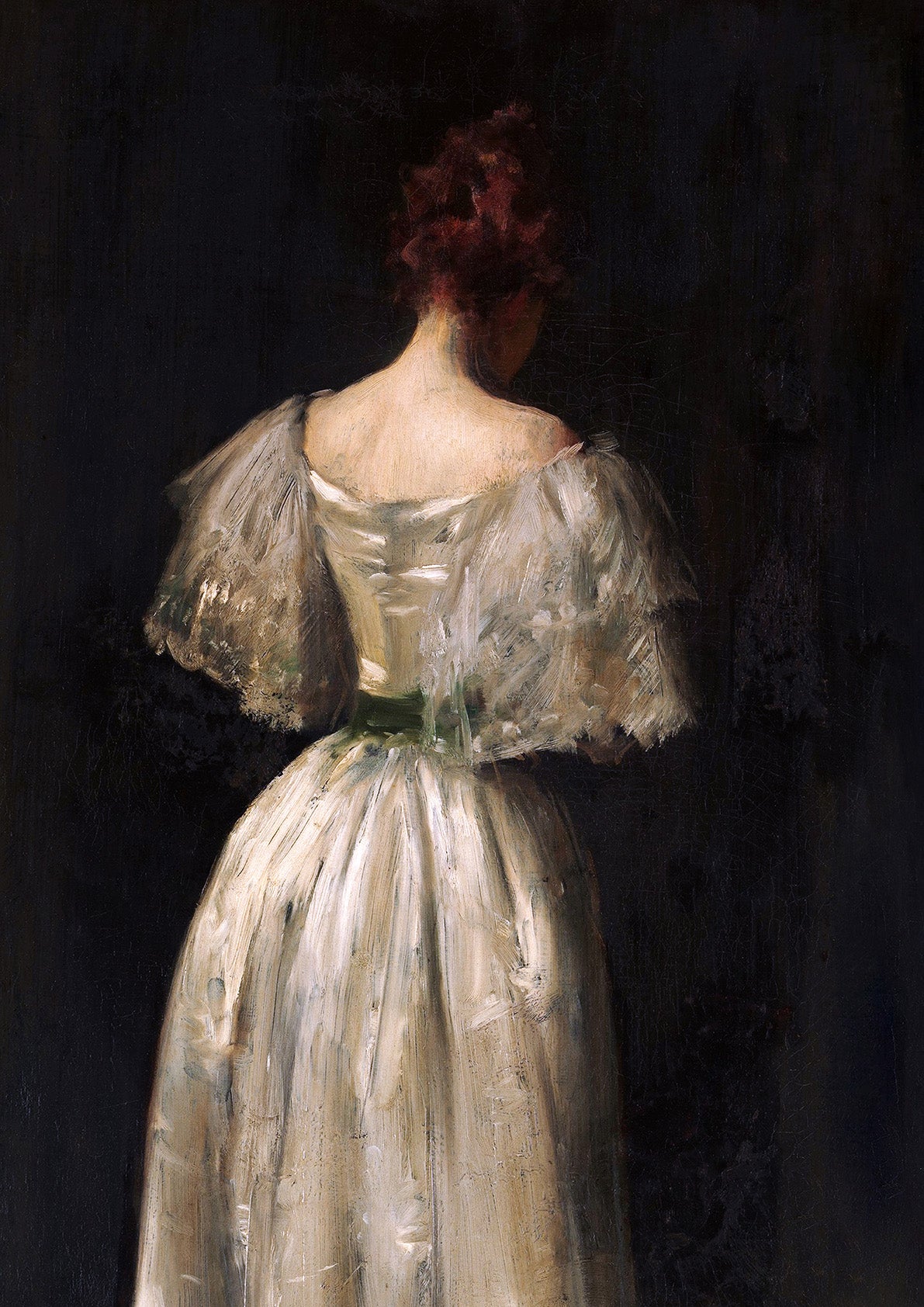 Fine Art Print portraying an elegant lady in 17th century attire. In a long cream dress with green waistband and her red hair styled up in a bun. High-quality artwork for collectors and art enthusiasts.