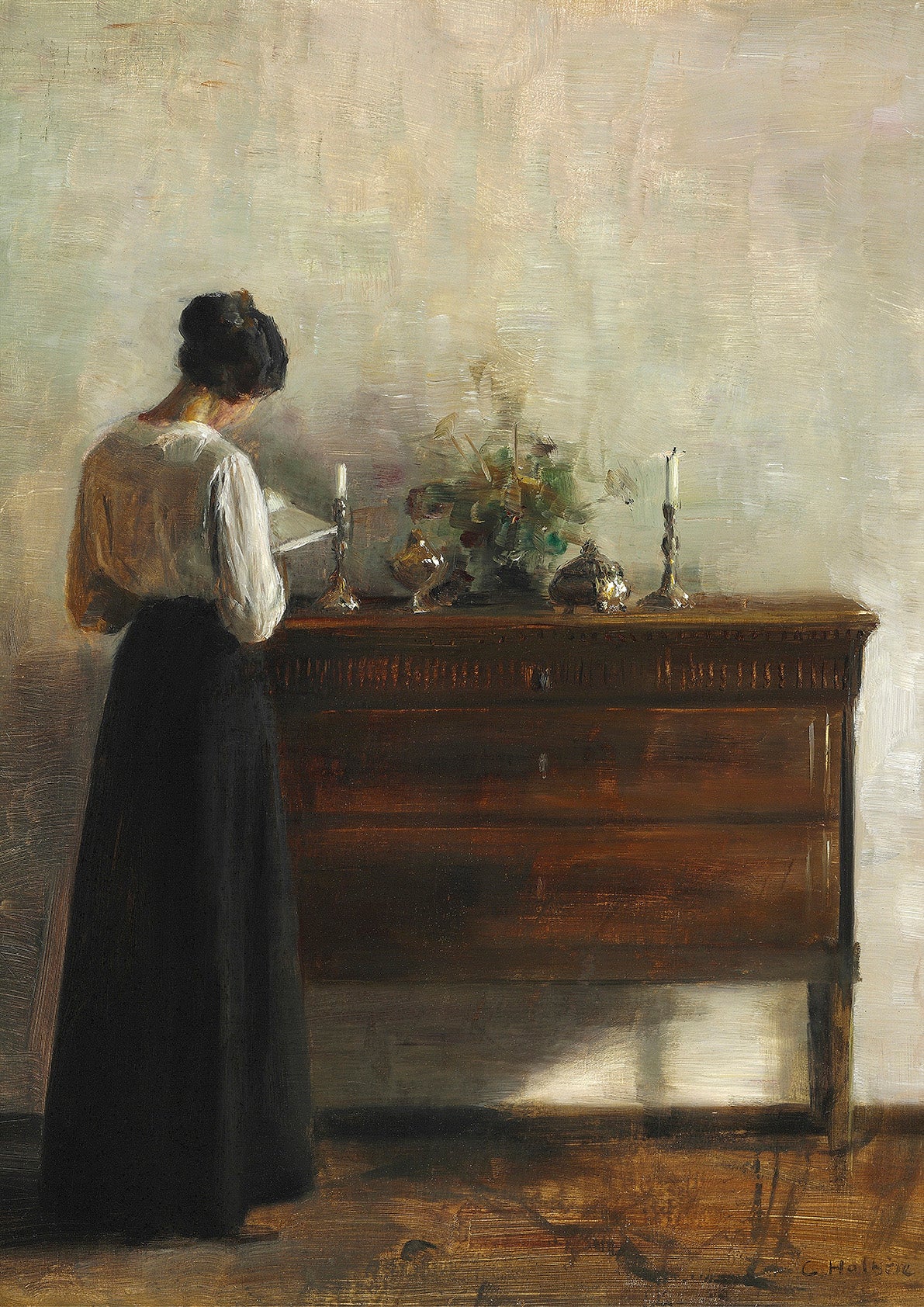 Fine art print of a peaceful interior scene featuring a woman reading by a dresser, captured with masterful precision of Carl Holsoe