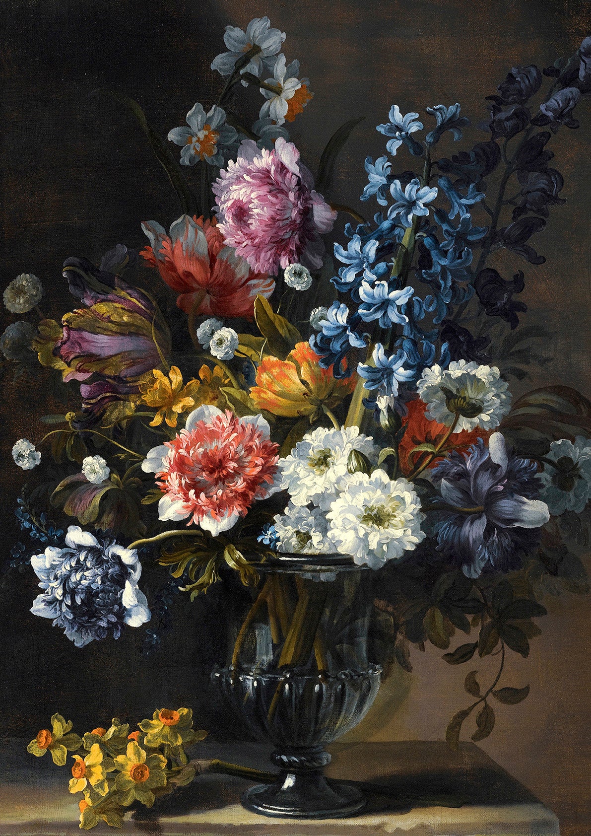 A fine art print of a bouquet of flowers sitting on a stone pedestal against a neutral background.