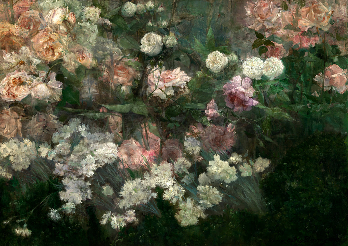 A fine art print of a rose garden in full bloom.
