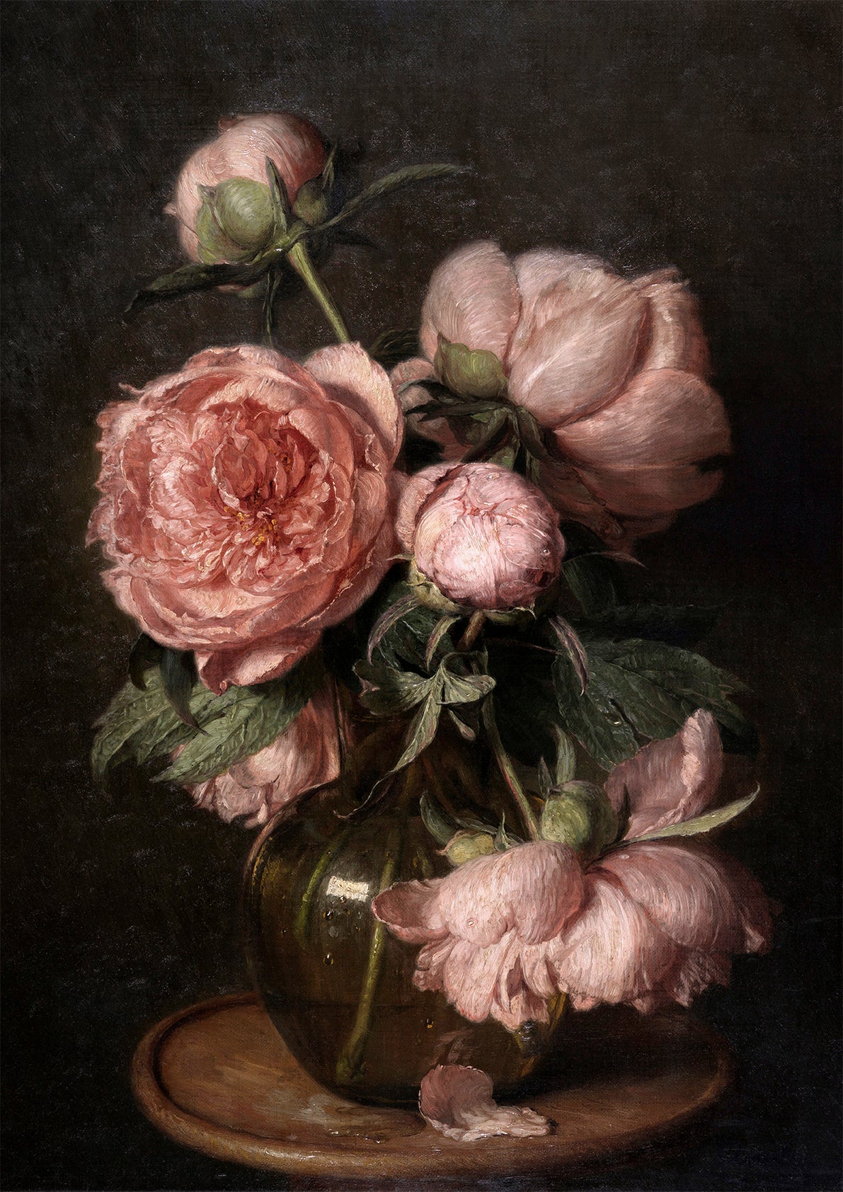 A fine art print of a vase overflowing with pink peonies against a muted background.