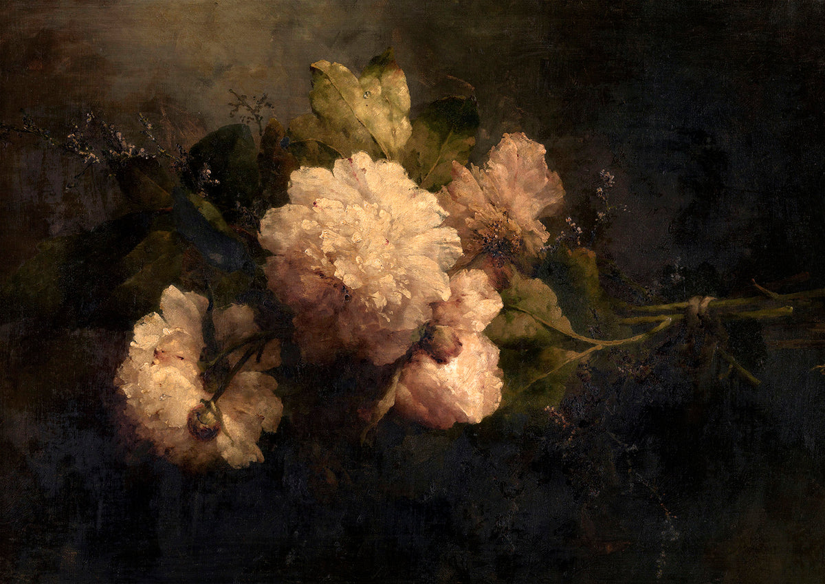 A fine art print of a delicate floral arrangement of peonies in full bloom against a moody backdrop.