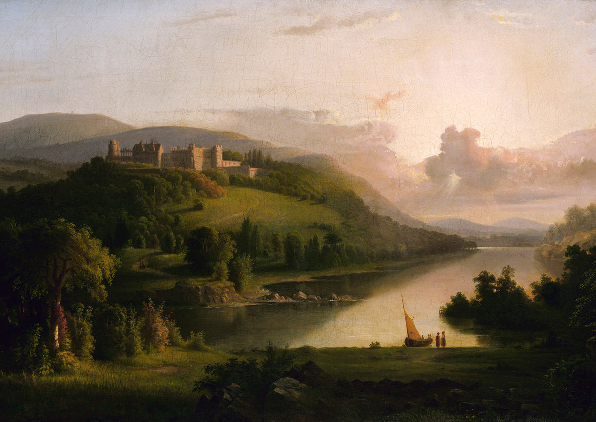 Landscape print with a castle and river.
